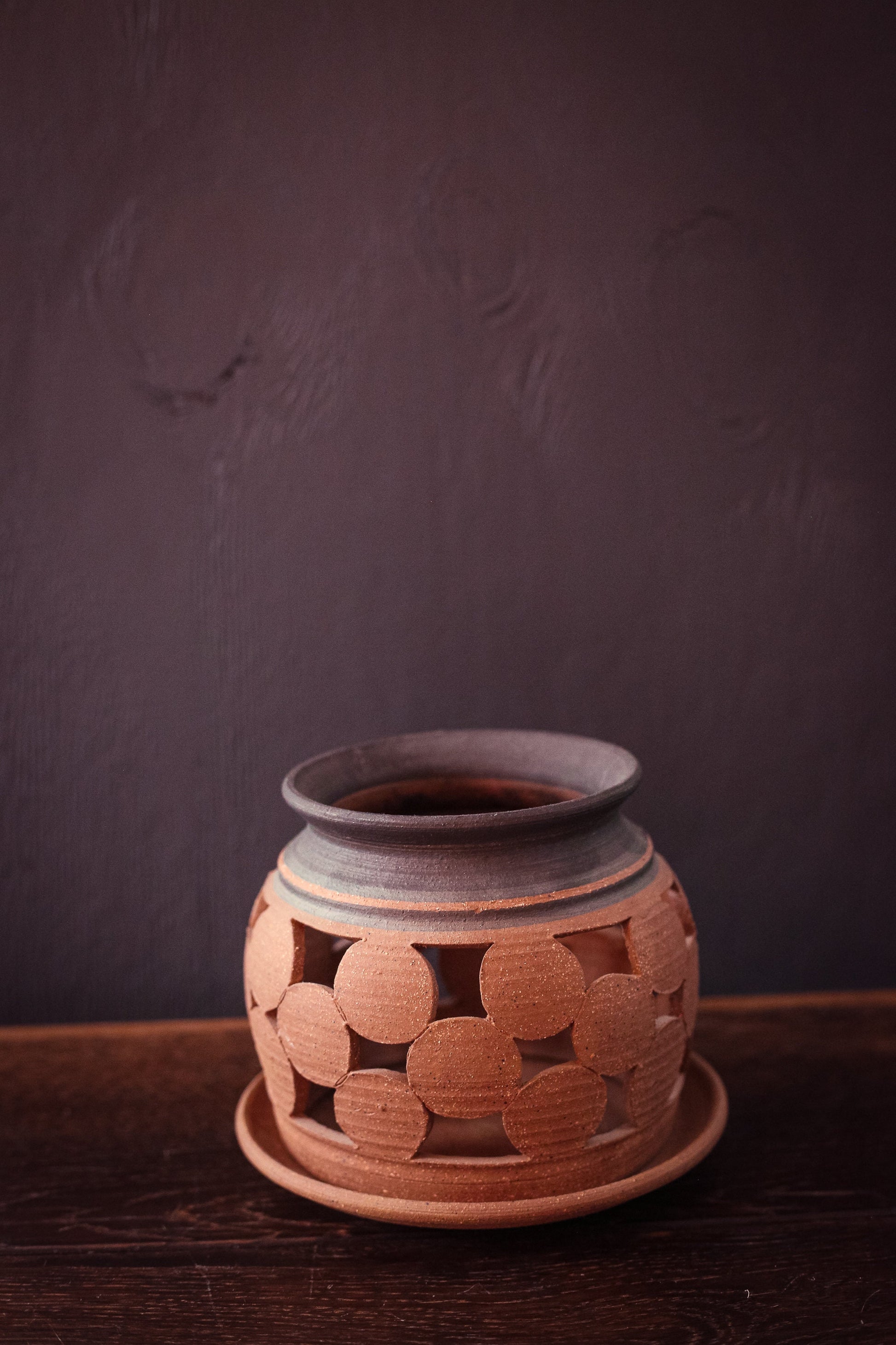 Clay Studio Pottery Candle Holder with Black Stripe Details - Vintage Studio Pottery 2 Piece Ceramic Hurricane Pistachio Potter