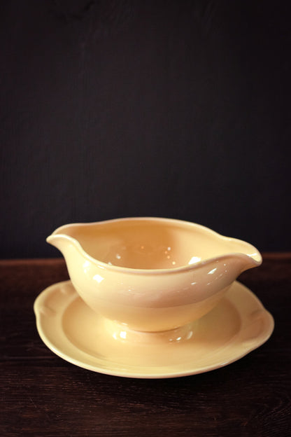 Pale Yellow Ceramic Gravy Boat - Vintage Lu-Ray Pastel Sauce Boat with Attached Plate