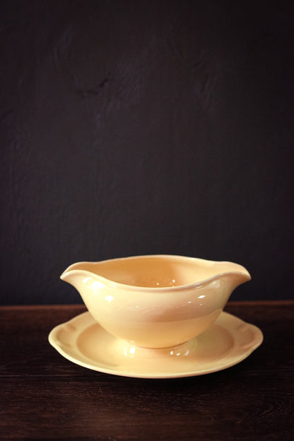 Pale Yellow Ceramic Gravy Boat - Vintage Lu-Ray Pastel Sauce Boat with Attached Plate