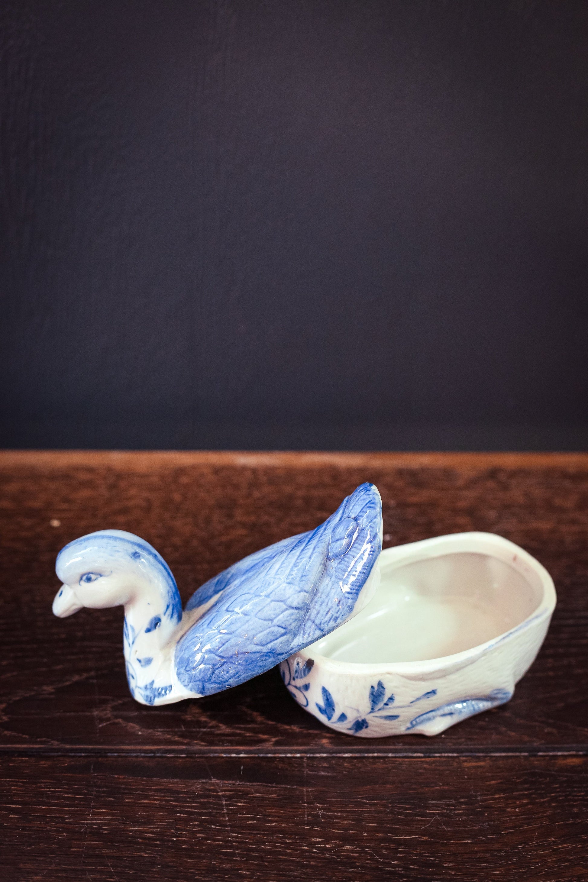 Blue White Ceramic Duck Covered Ring Dish - Vintage Porcelain Trinket Box
