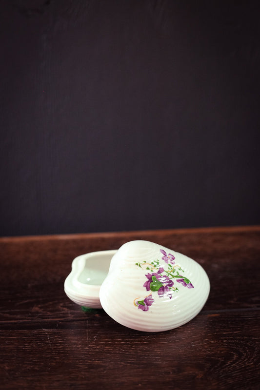 Shell Shaped Porcelain Trinket Box with Purple Floral Design - Small Vintage Lidded Ceramic Jewelry Box