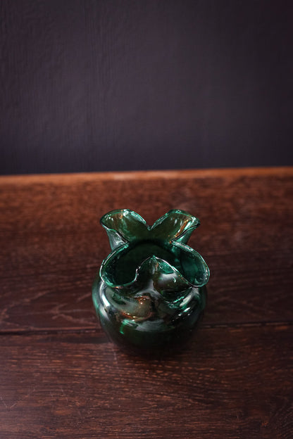 Emerald Green Depression Glass Vase - Vintage Green Glass Vase with Clover Top