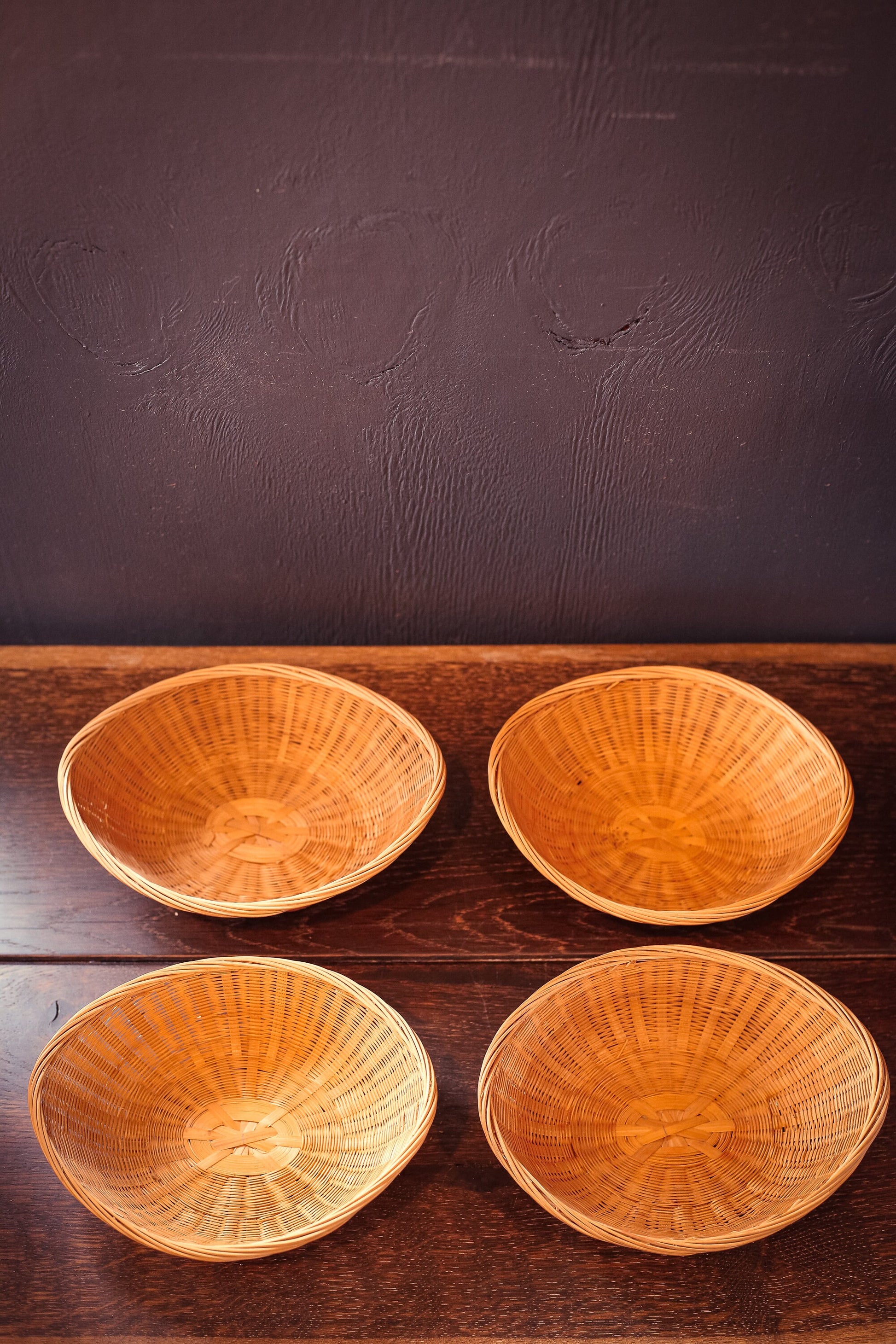 Set of 4 Vintage Bamboo Bread Roll Baskets - Vintage Small Wicker/Rattan Oval Baskets