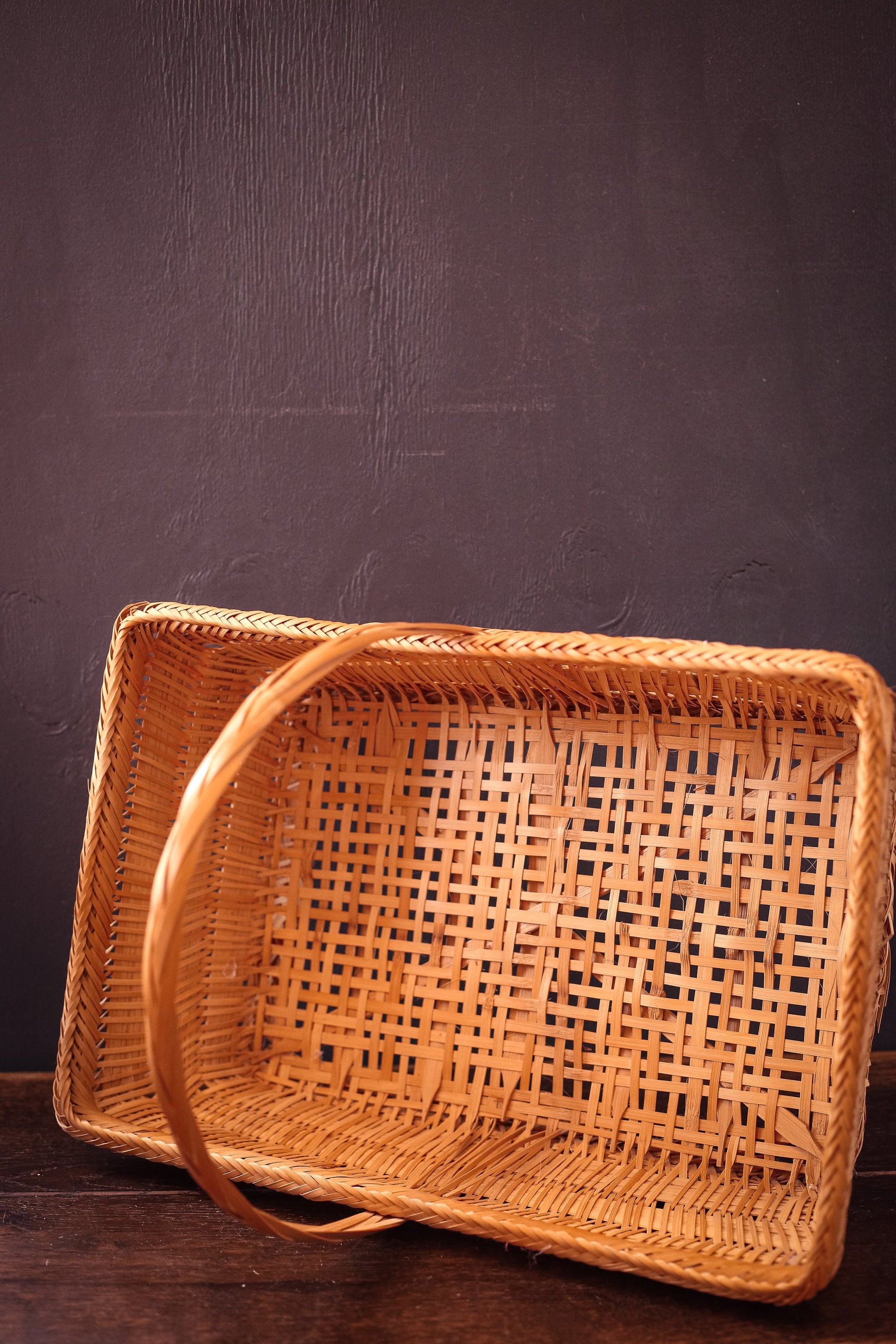 Fine Wicker Rectangle Flat Bottom Gathering Basket with Handle - Vintage Rattan Harvest Basket