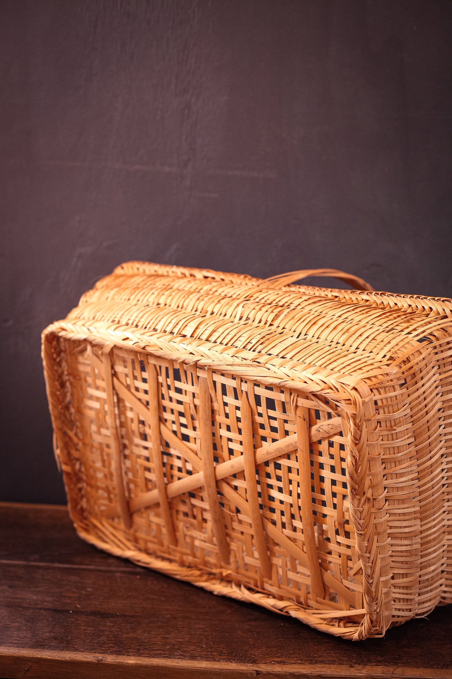 Fine Wicker Rectangle Flat Bottom Gathering Basket with Handle - Vintage Rattan Harvest Basket