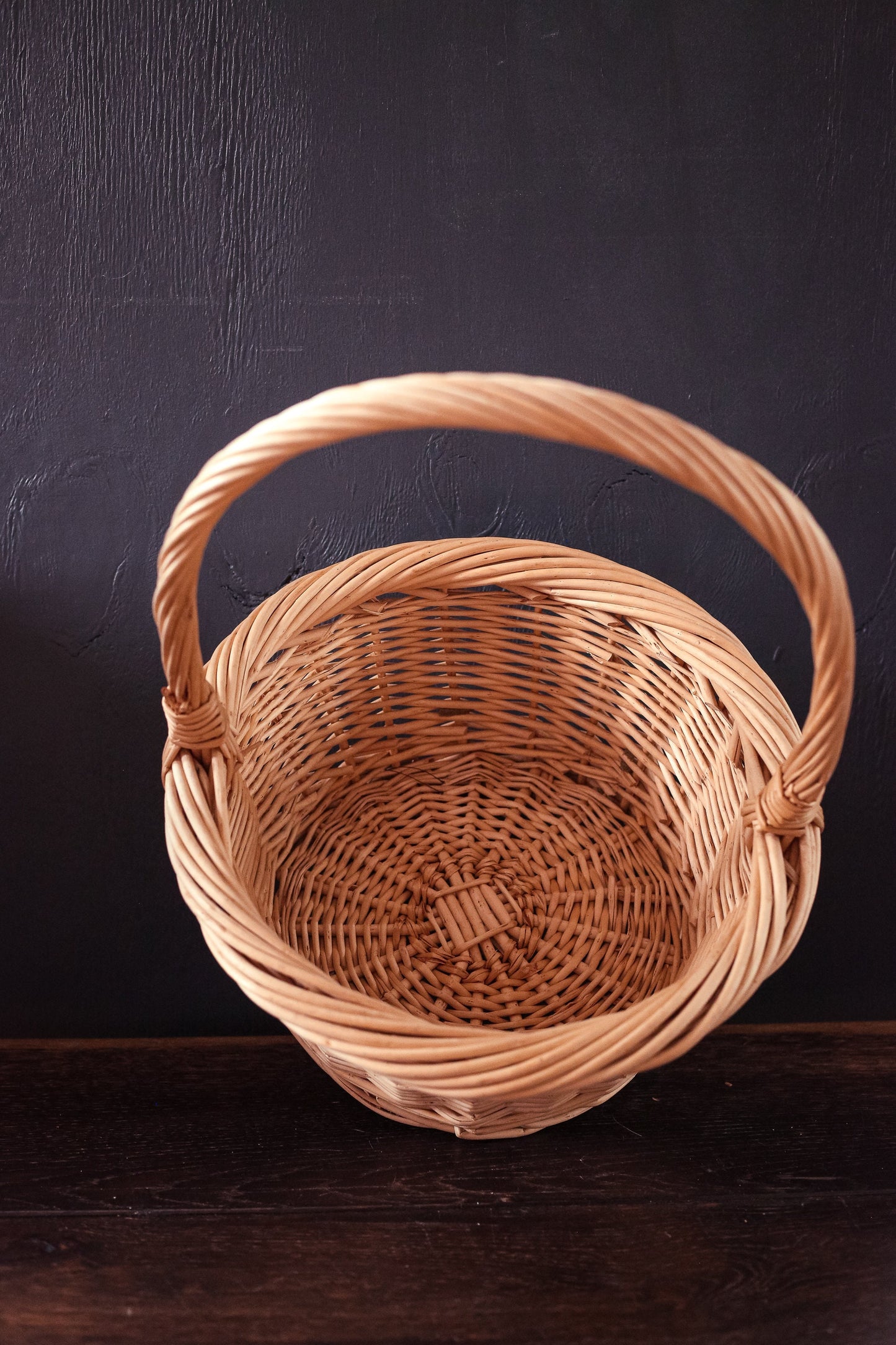 Round Flat Bottom Bleached Willow Basket with High Handle - Vintage Wicker Rattan Basket
