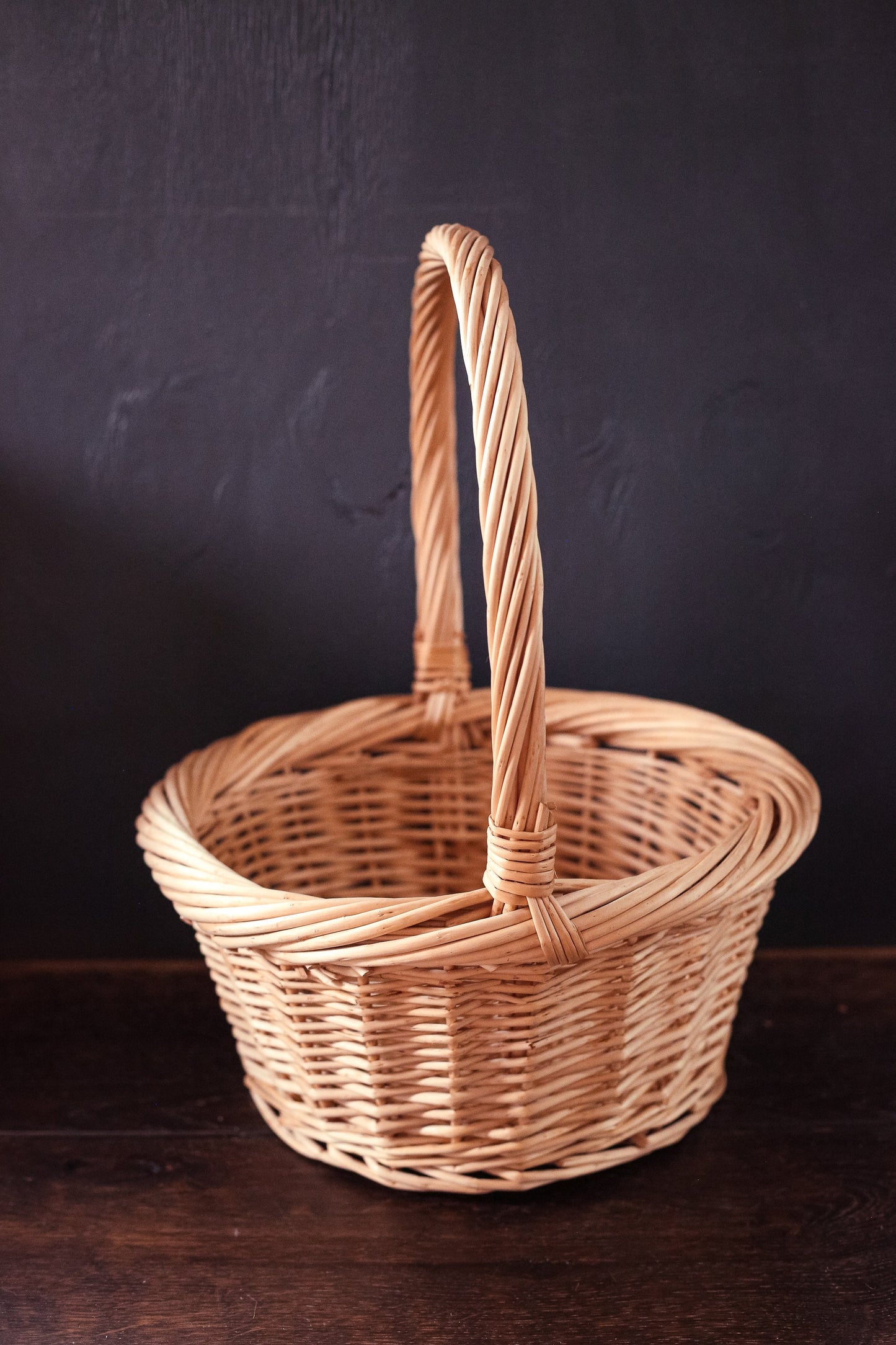 Round Flat Bottom Bleached Willow Basket with High Handle - Vintage Wicker Rattan Basket