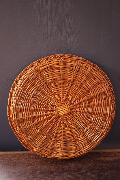 Round Wicker Rattan Serving Tray with Handles - Vintage Circular Basket Tray