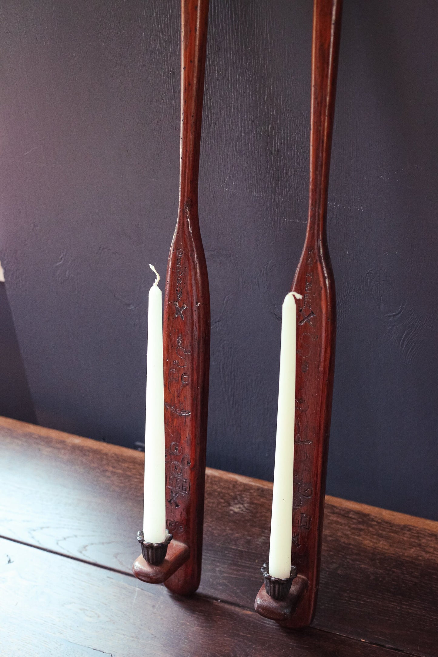 Vintage Wall Candle Holder Pledge Paddle in Wood & Metal - Unique Hand Carved Wooden Wall Candle Holder