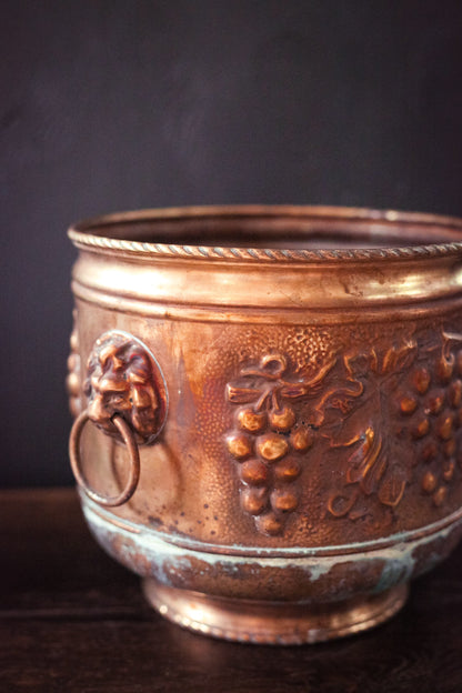 Brass Pot with Lion's Head/Ring Handles - Vintage Peerage England Large Brass Planter Grape Cluster & Leaf Design