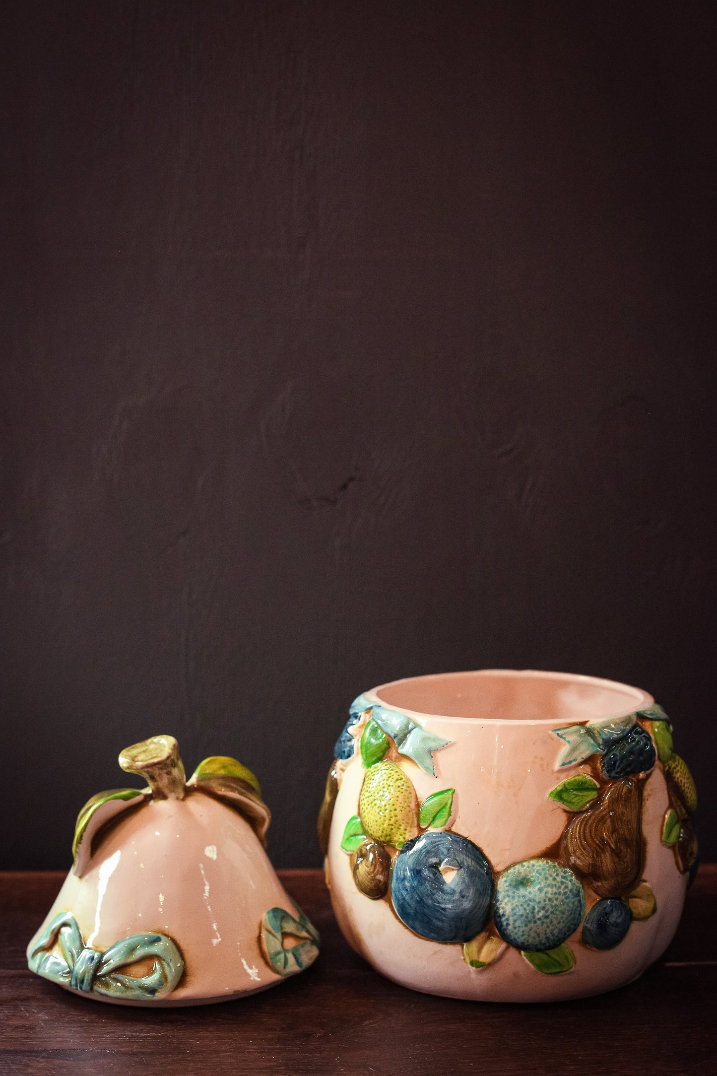 Vintage Ceramic Pear Bow Garland Cookie Jar - Napcoware Majolica Pear Citrus Garland Cookie Jar