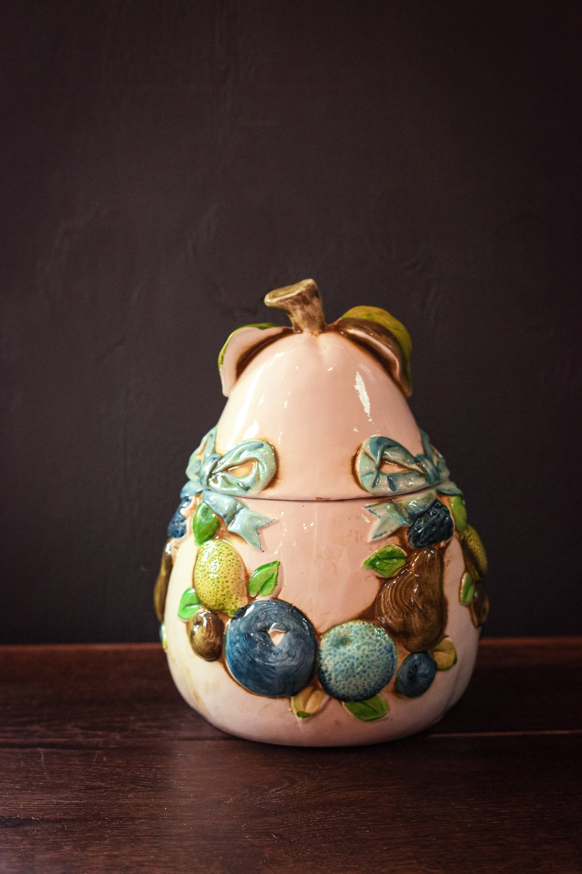 Vintage Ceramic Pear Bow Garland Cookie Jar - Napcoware Majolica Pear Citrus Garland Cookie Jar