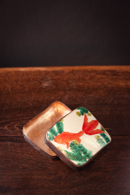 Silver and Porcelain Chinese Shard Box Trinket/Jewelry Box with Hand Painted Koi Lid - Antique Jewelry Box with Orange Fish