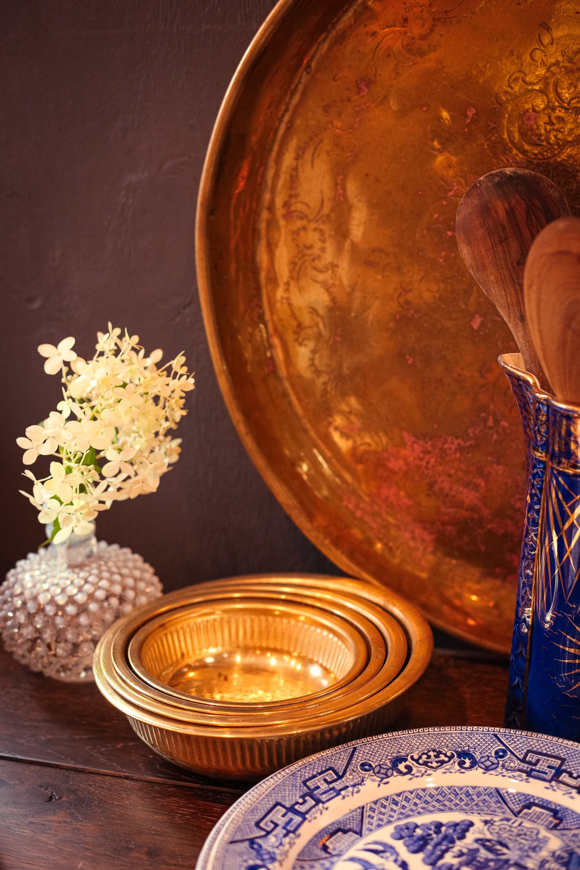 Vintage Hammered Brass Nesting Bowls Set of Gold Engraved