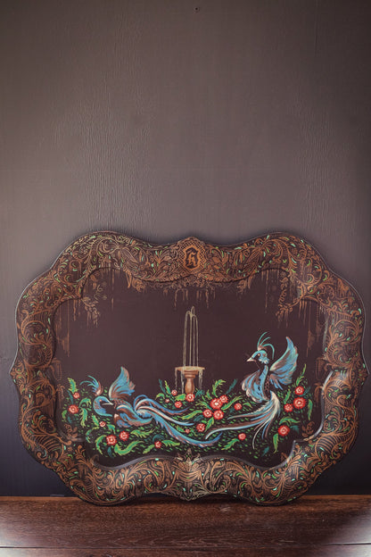 Handpainted Tole Tray with Peacocks & Fountain - Unique Vintage Tole Painted Scenic Garden Pheasants Metal Tray