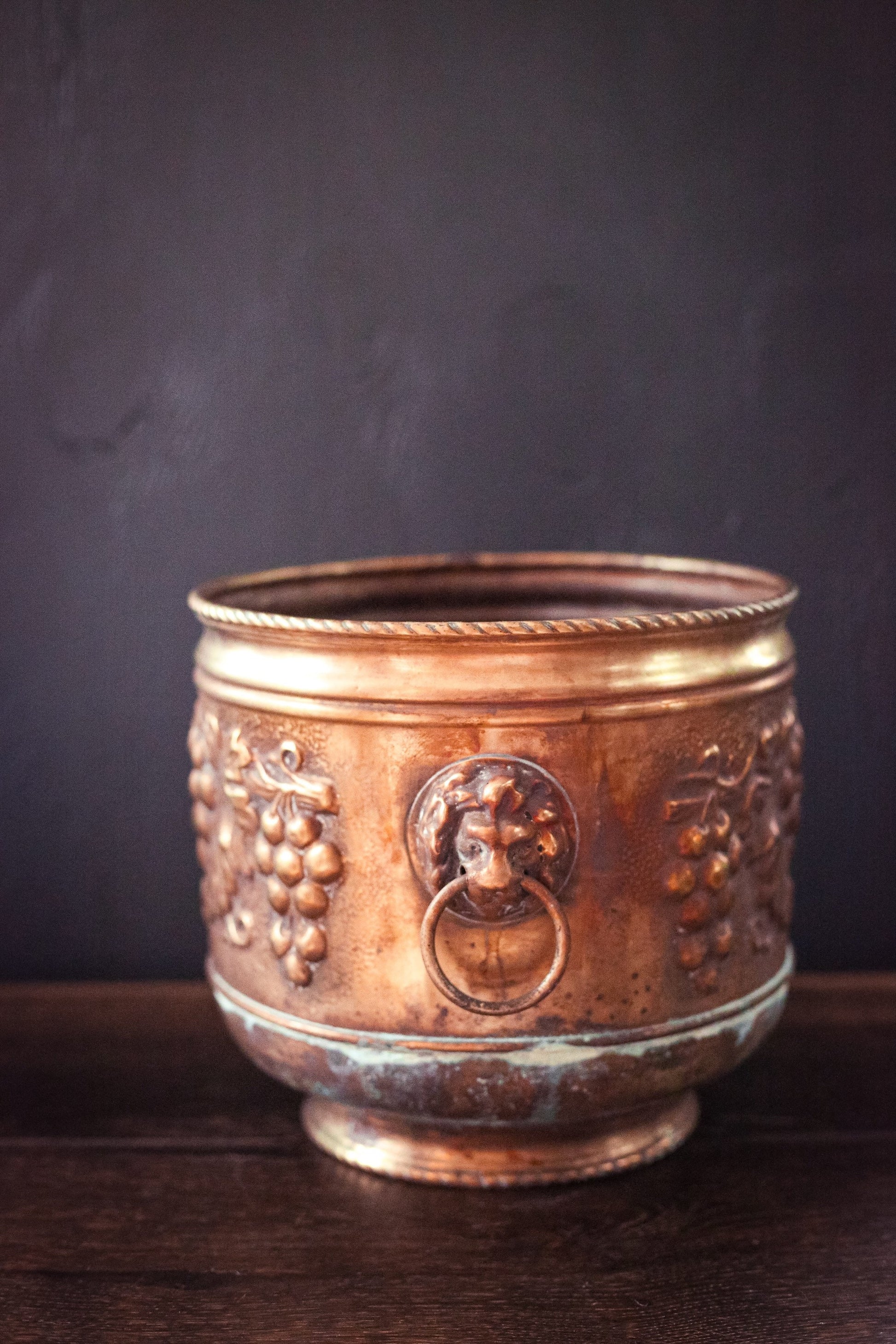 Brass Pot with Lion's Head/Ring Handles - Vintage Peerage England Large Brass Planter Grape Cluster & Leaf Design