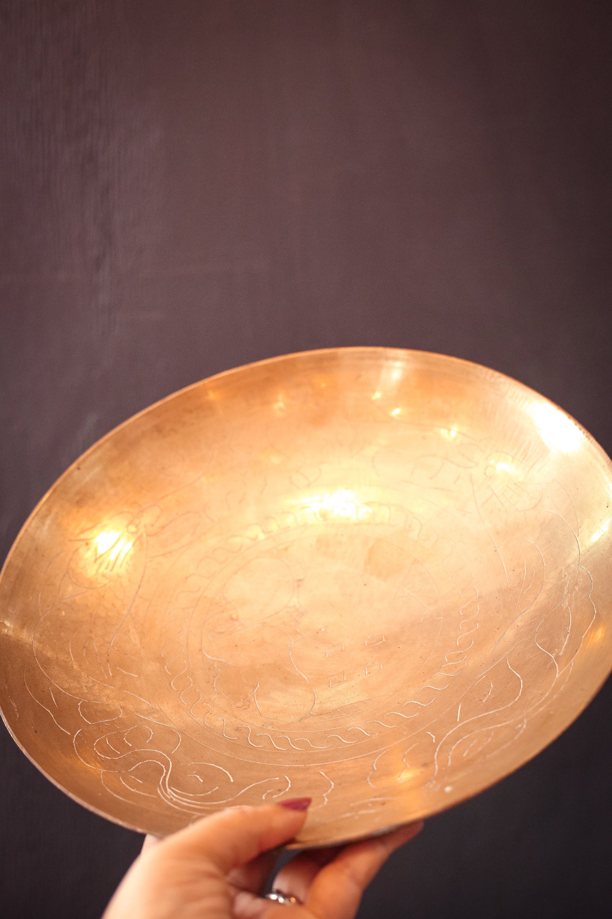 Vintage Brass Carved Bowl - Etched Brass Round Bottom Bowl/Tray