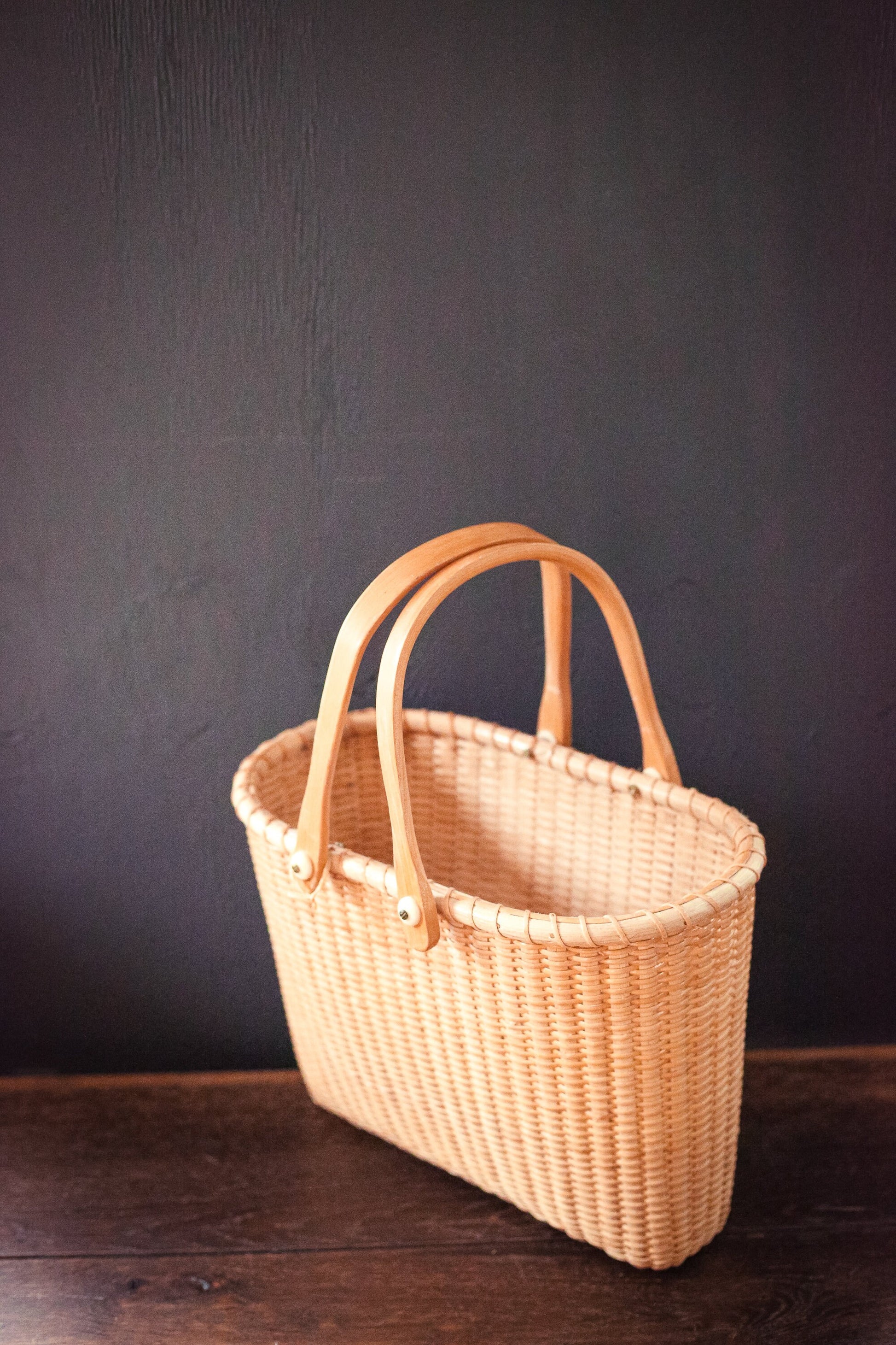Skinny Nantucket Basket with Handles & Flat Wood Bottom - Vintage Nantucket Basket Purse
