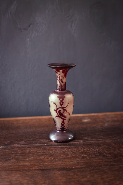 Frosted Glass and Garnet Red Bud Vase - Vintage Vase