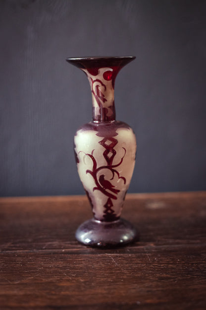 Frosted Glass and Garnet Red Bud Vase - Vintage Vase