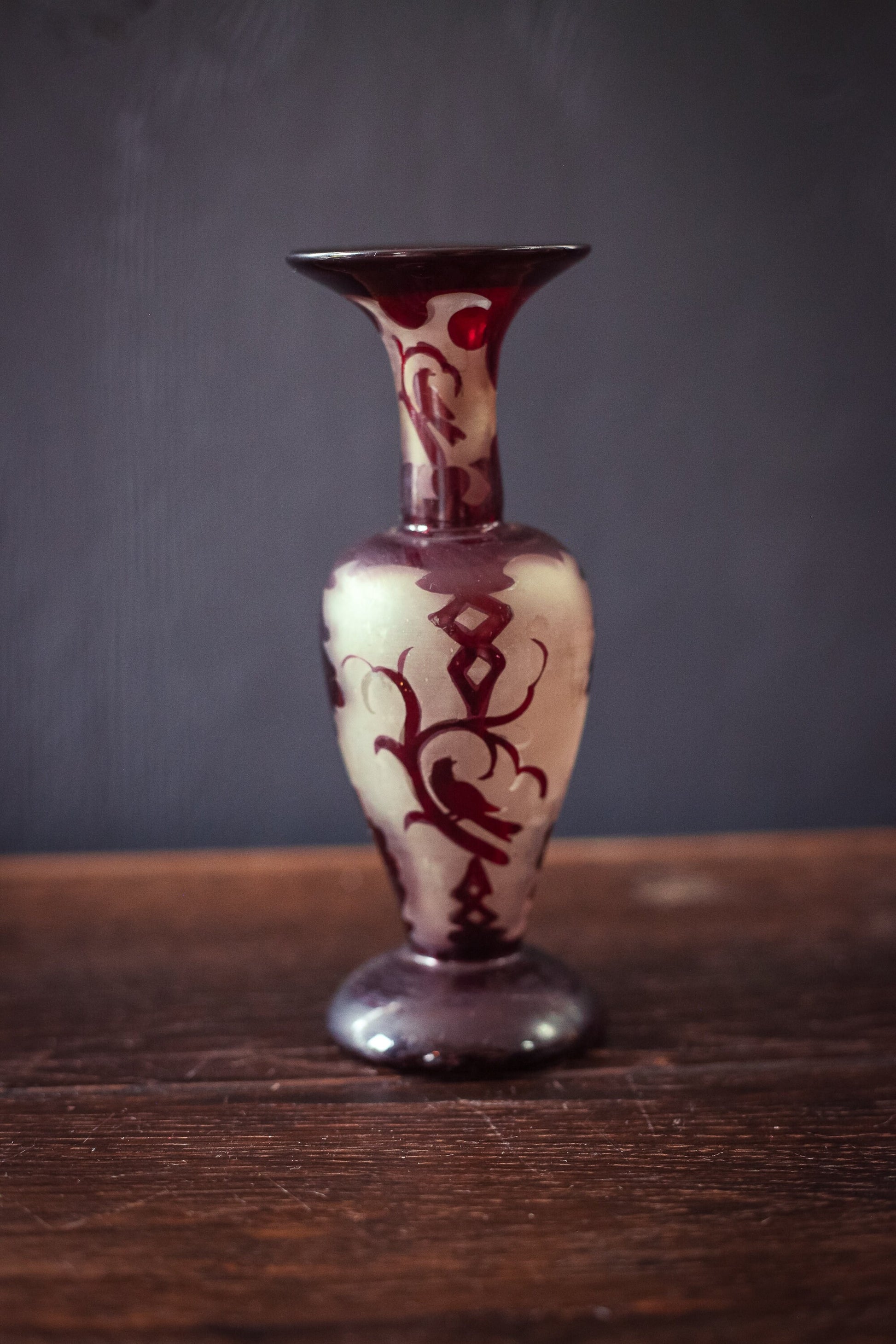 Frosted Glass and Garnet Red Bud Vase - Vintage Vase