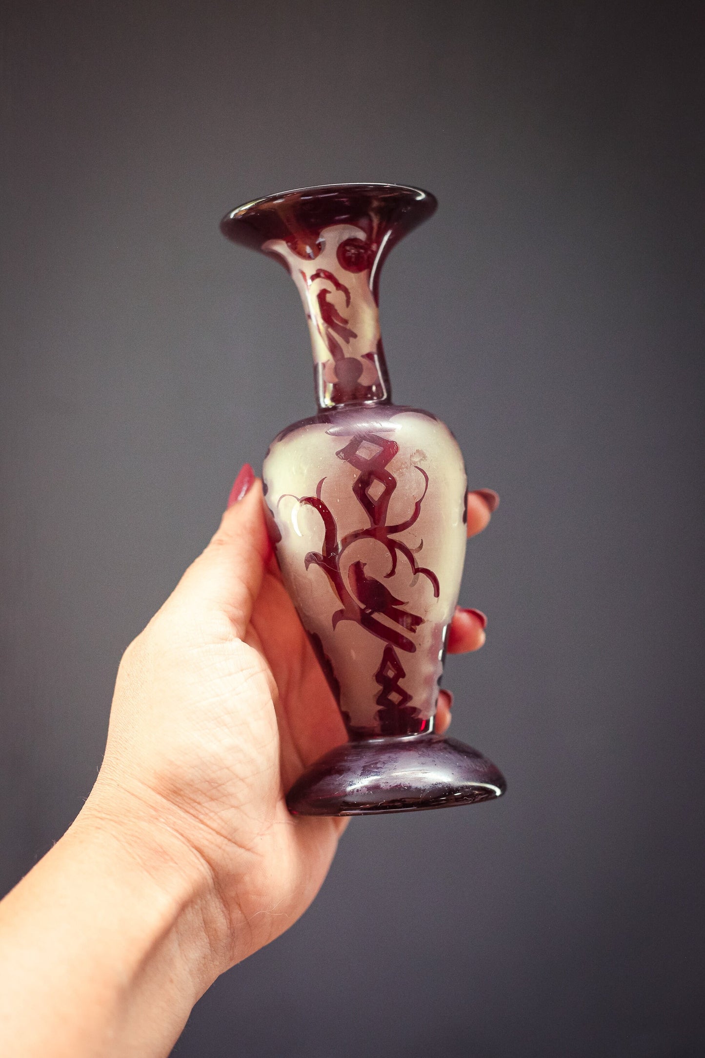 Frosted Glass and Garnet Red Bud Vase - Vintage Vase