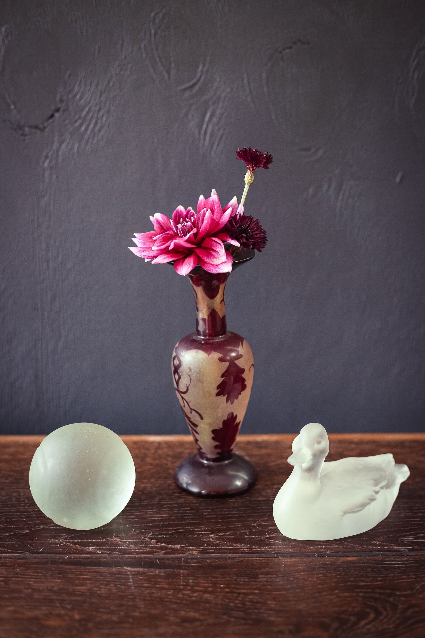 Frosted Glass and Garnet Red Bud Vase - Vintage Vase