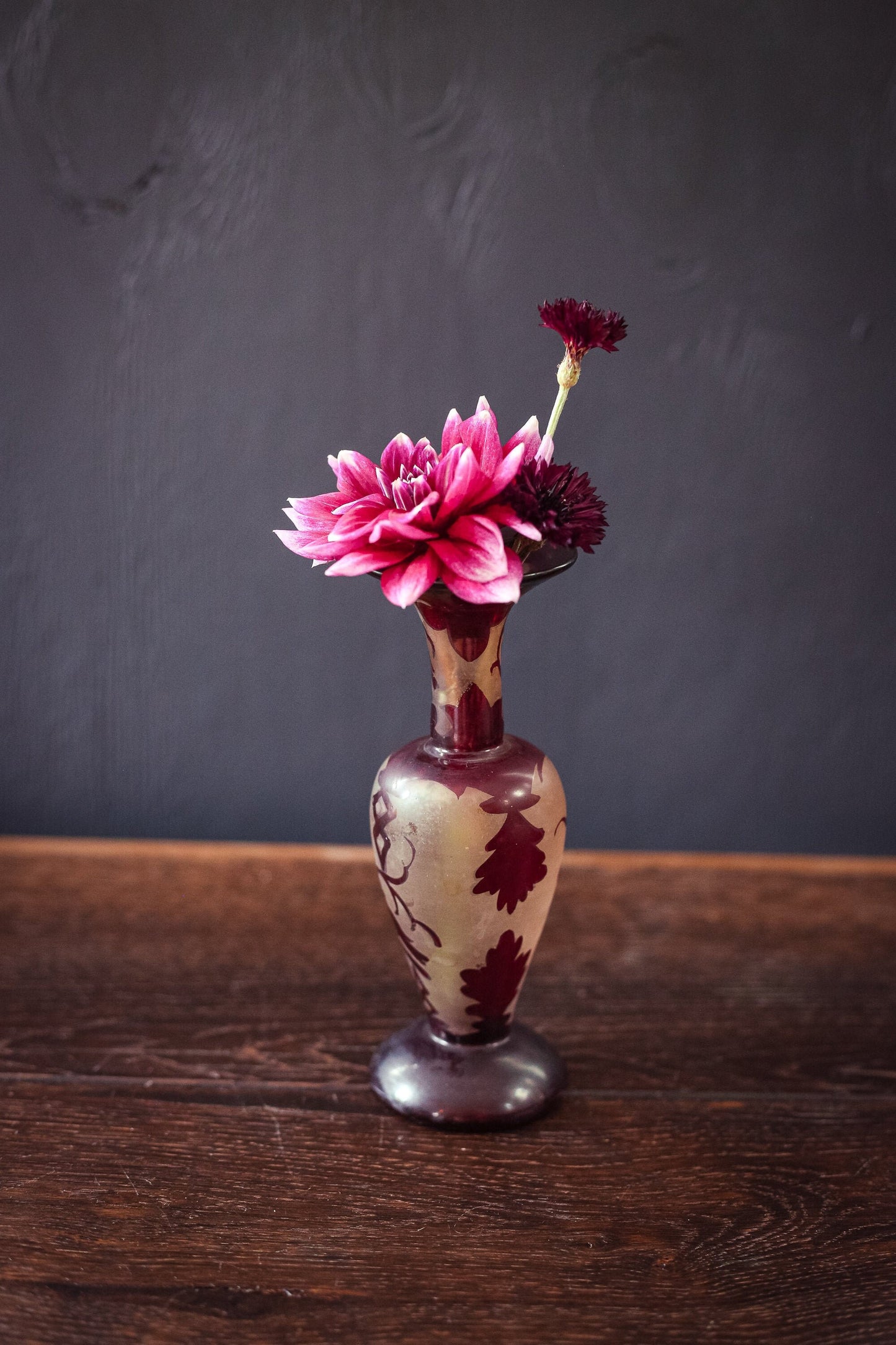 Frosted Glass and Garnet Red Bud Vase - Vintage Vase