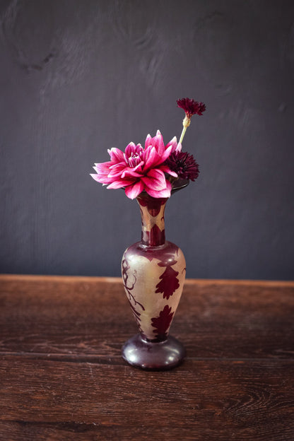 Frosted Glass and Garnet Red Bud Vase - Vintage Vase