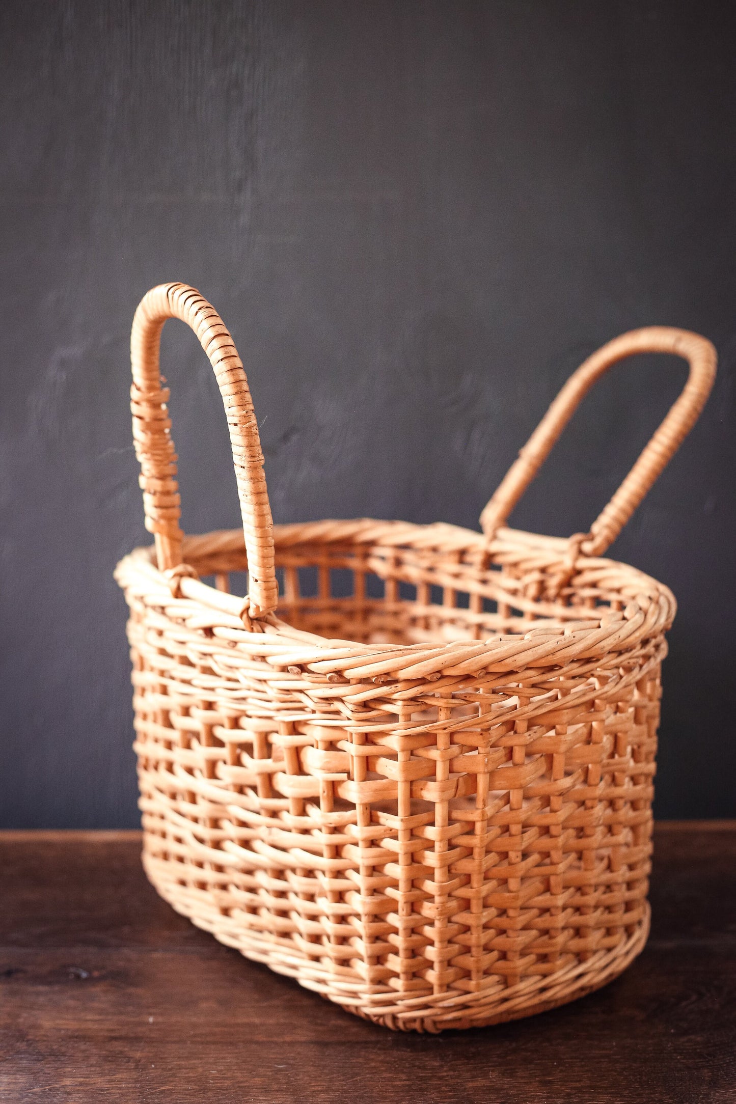 Oval Flat Bottom Basket Purse with Handles - Vintage Market Basket with Handles