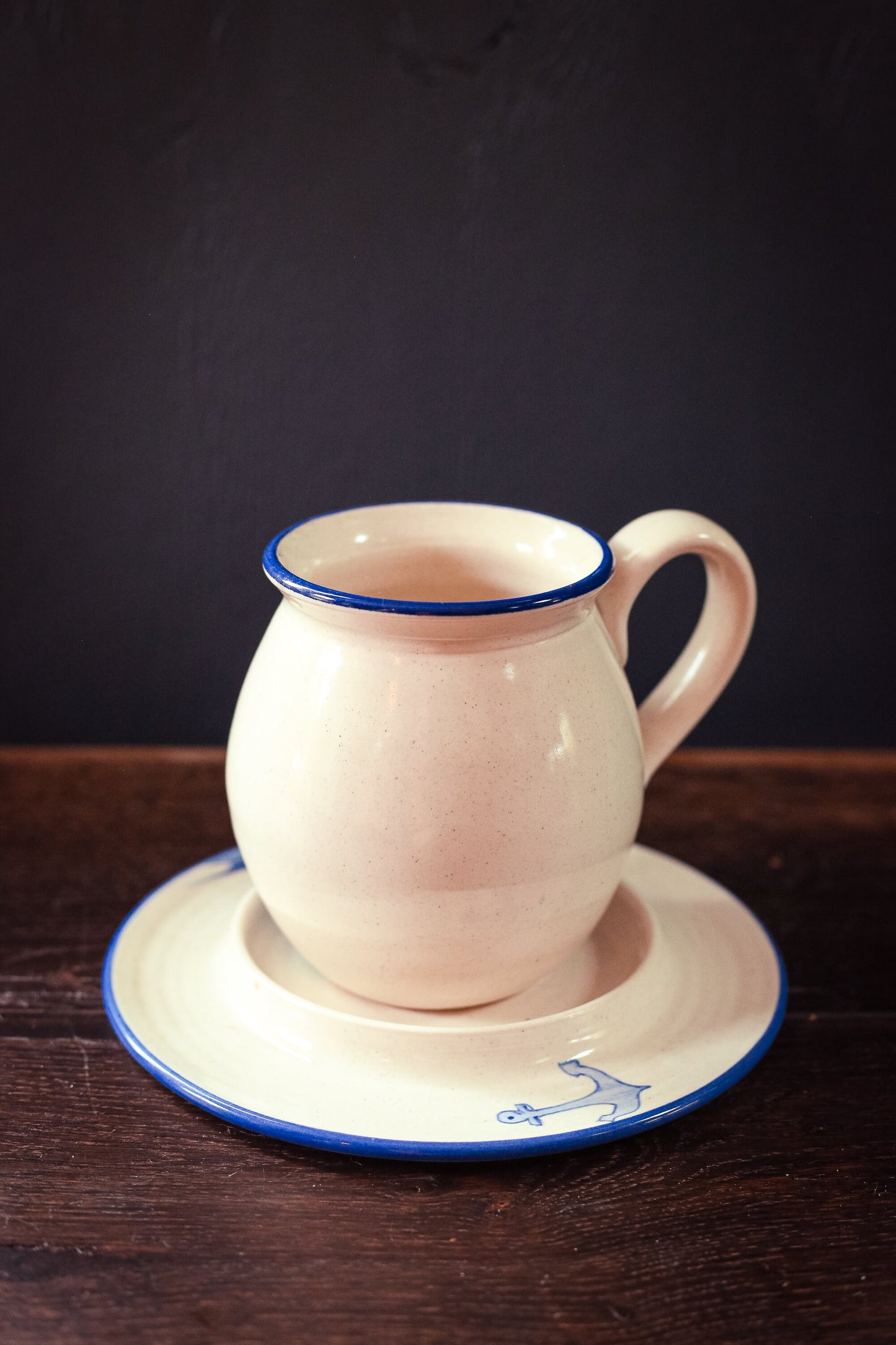 Ceramic Blue White Hand Painted Sailboat Mug & Saucer - Vintage Nautical Theme Cup Plate