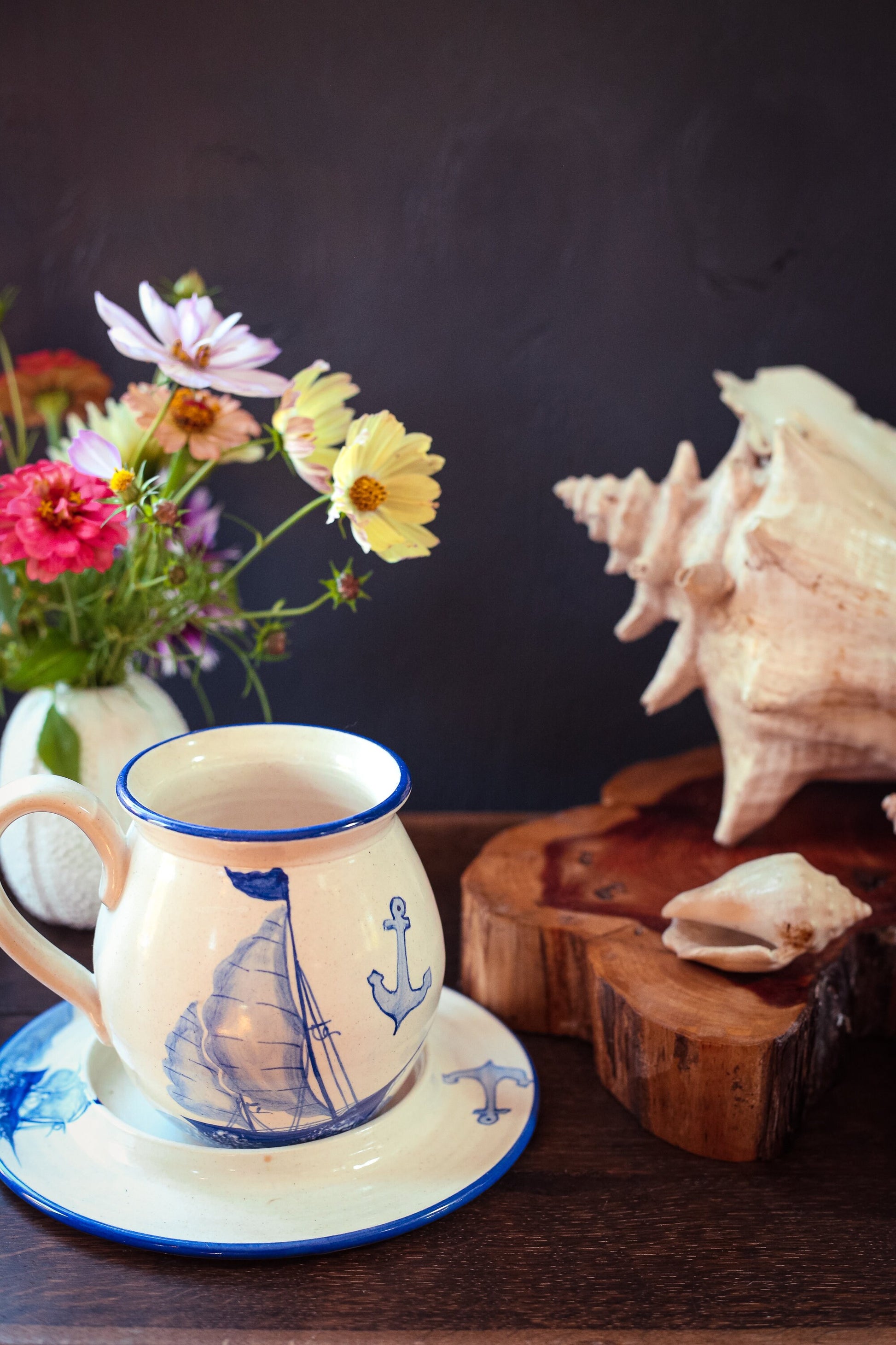 Ceramic Blue White Hand Painted Sailboat Mug & Saucer - Vintage Nautical Theme Cup Plate