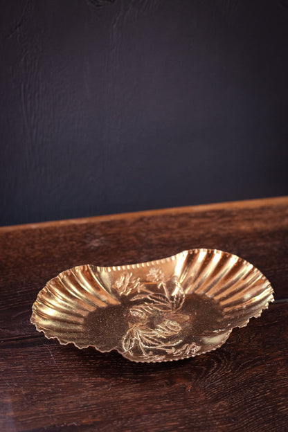 Crimped Edge Gold Decorative Tray with Rose Design - Vintage Plated Brass Ring Dish