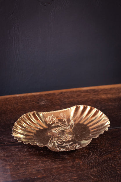 Crimped Edge Gold Decorative Tray with Rose Design - Vintage Plated Brass Ring Dish
