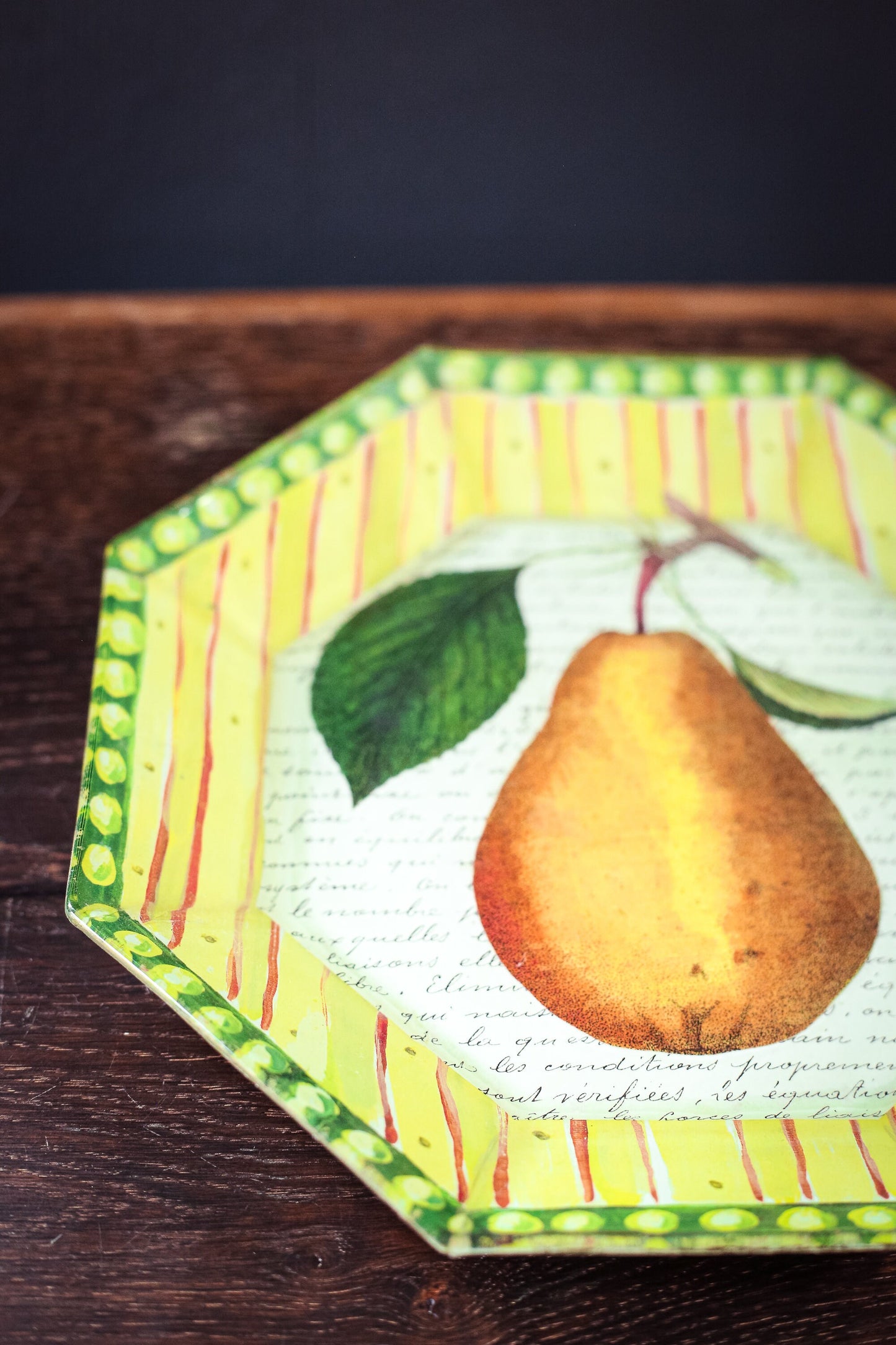 Green & Yellow Pear Octagon Plate - Vintage Reverse Painted Decoupage Plate