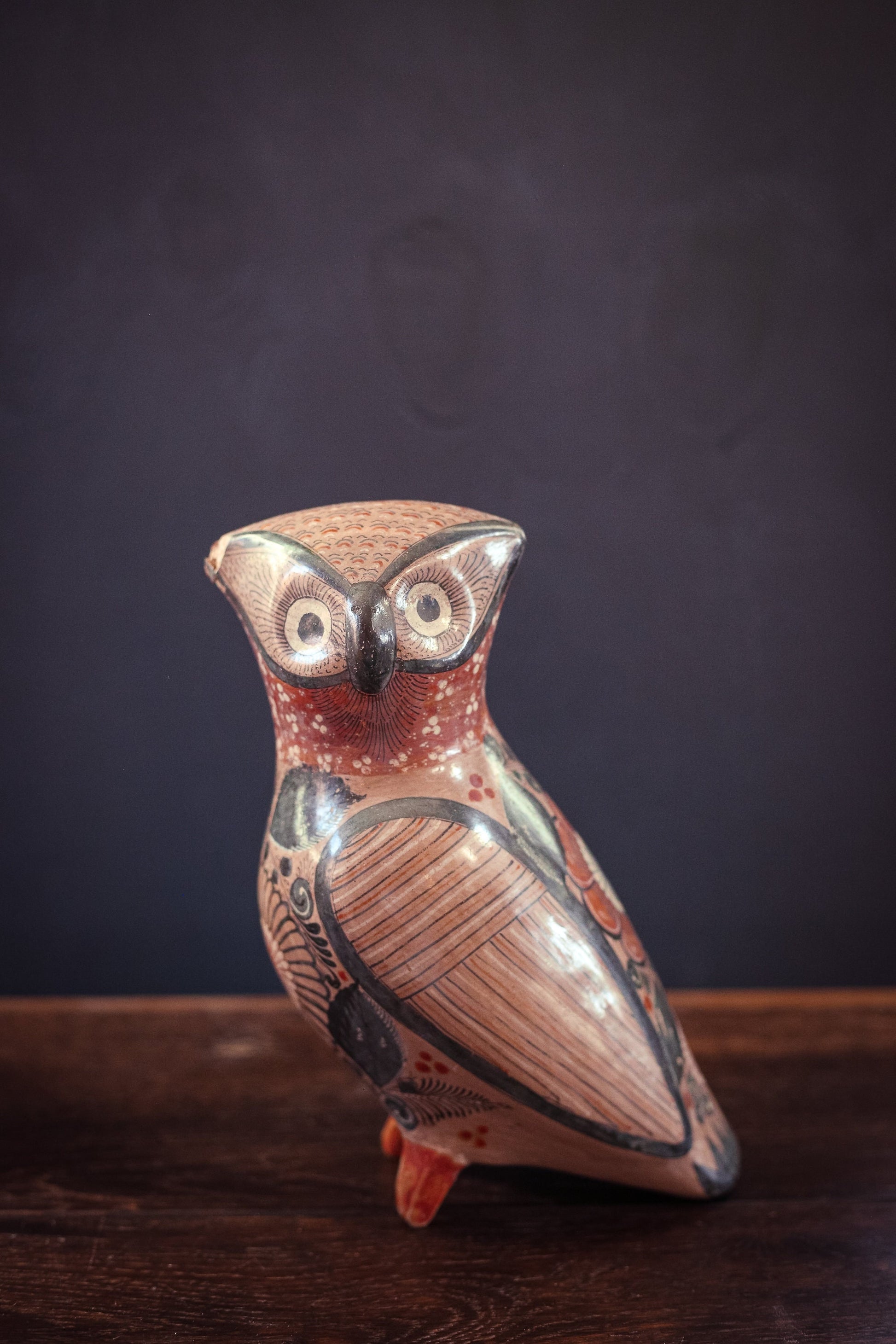 Hand Painted Tonala Ceramic Owl (Damaged Ear) - Large Vintage Mexican Pottery Painted Owl