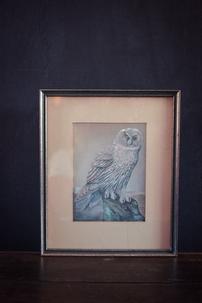 Silver Framed Metallic Owl Art - Vintage Framed Owl Print with Holographic Metallic Details