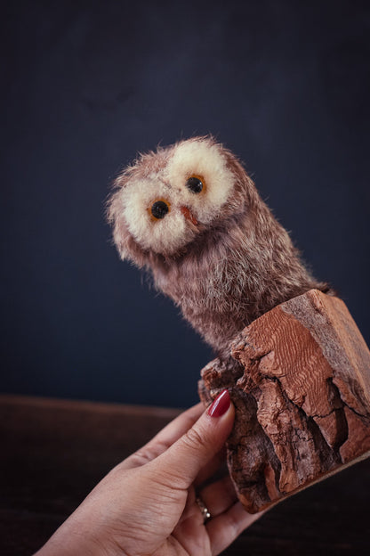 Rustic Owl perched on Log Art Object - Vintage Owl Figure in Fur and Wood