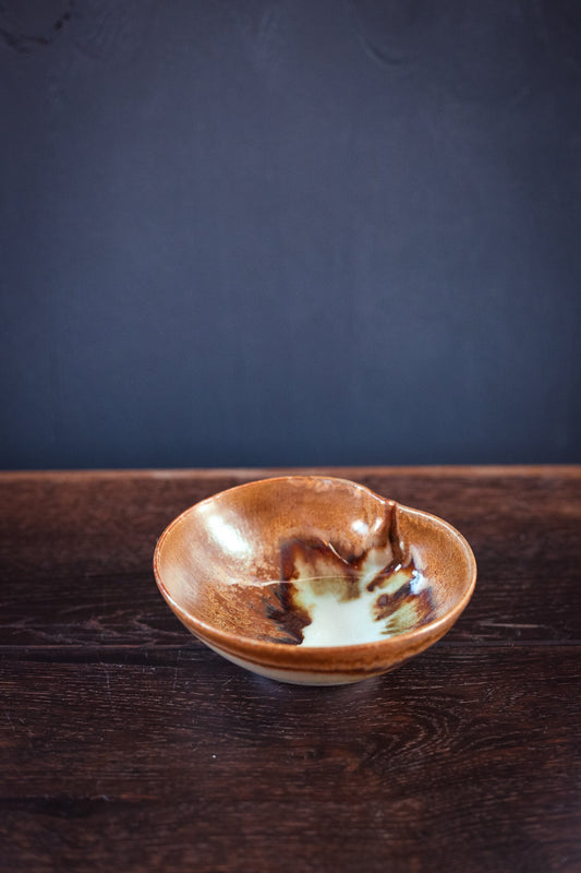 Small Ceramic Ring Dish in Drip Glaze Ivory, Mustard Yellow, Ochre - Vintage Studio Pottery Trinket Catch All Tray