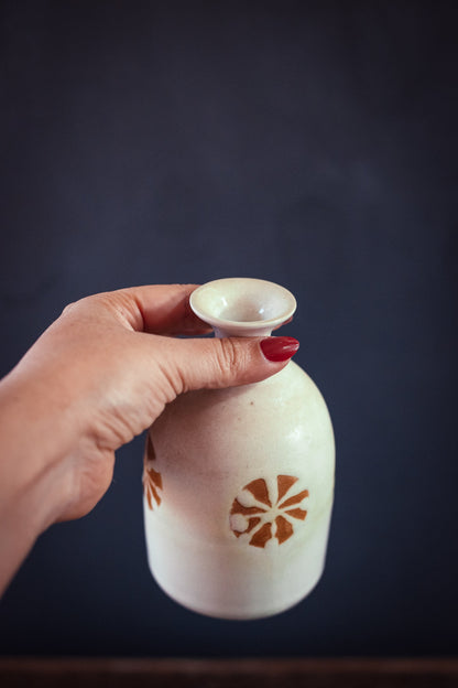 Hand Thrown Ceramic Sake Jar White and Yellow - Vintage Otagiri Ivory Sake Container with Sunburst Design made in Japan