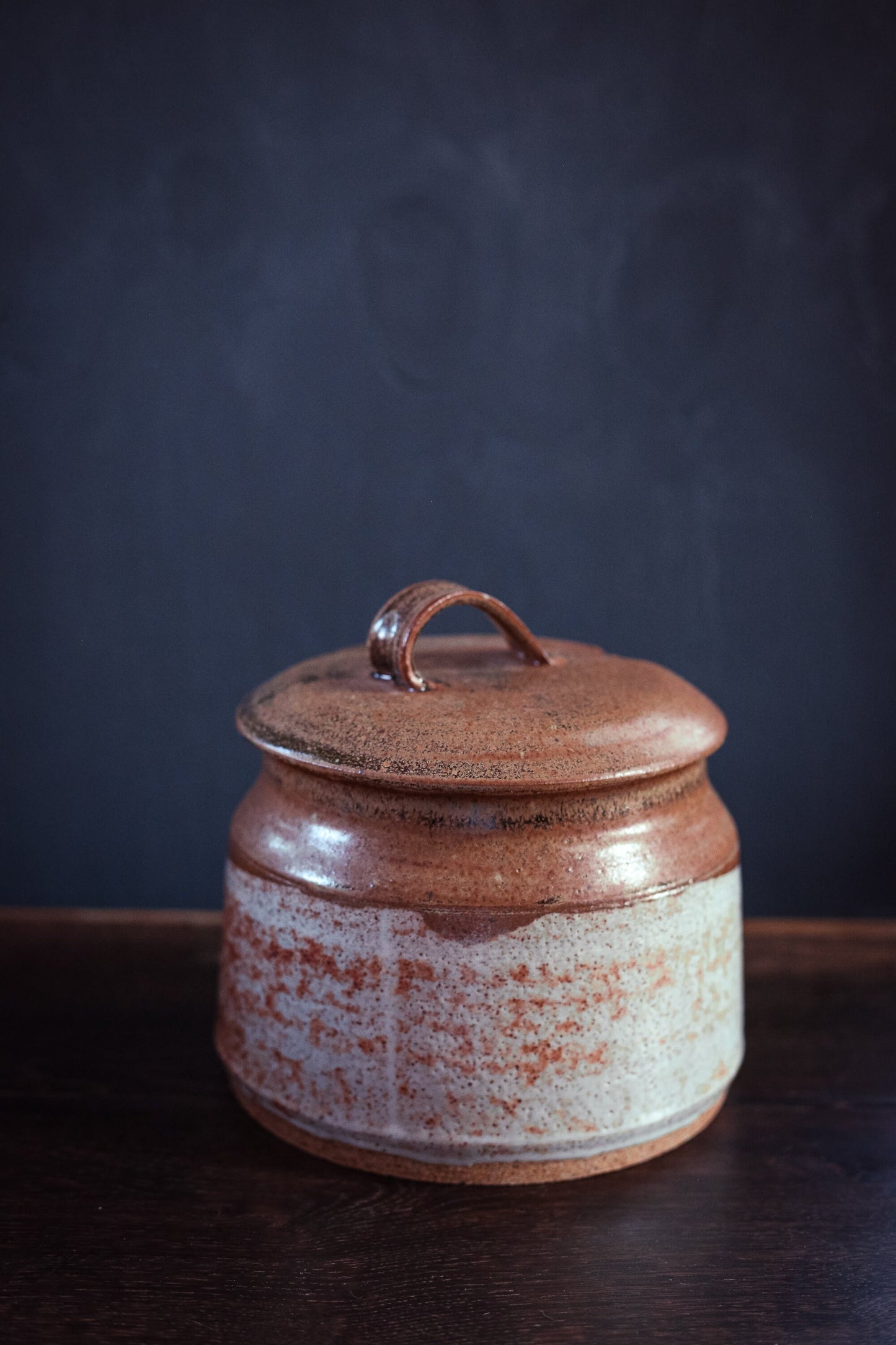 Hand Thrown Lidded Ceramic Canister with Spoon Opening - Vintage Signed Boch Studio Pottery Speckled Rust & Earth Tone Glaze
