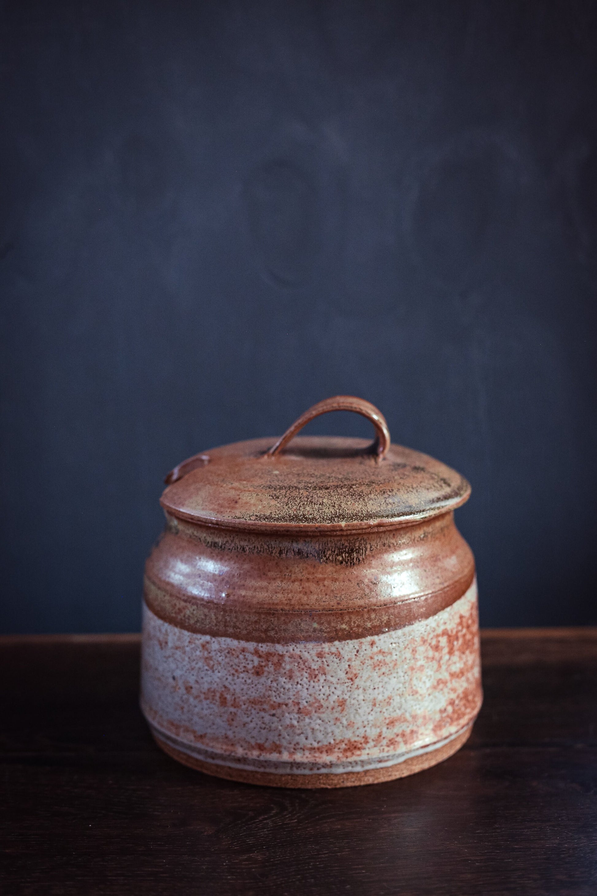 Hand Thrown Lidded Ceramic Canister with Spoon Opening - Vintage Signed Boch Studio Pottery Speckled Rust & Earth Tone Glaze