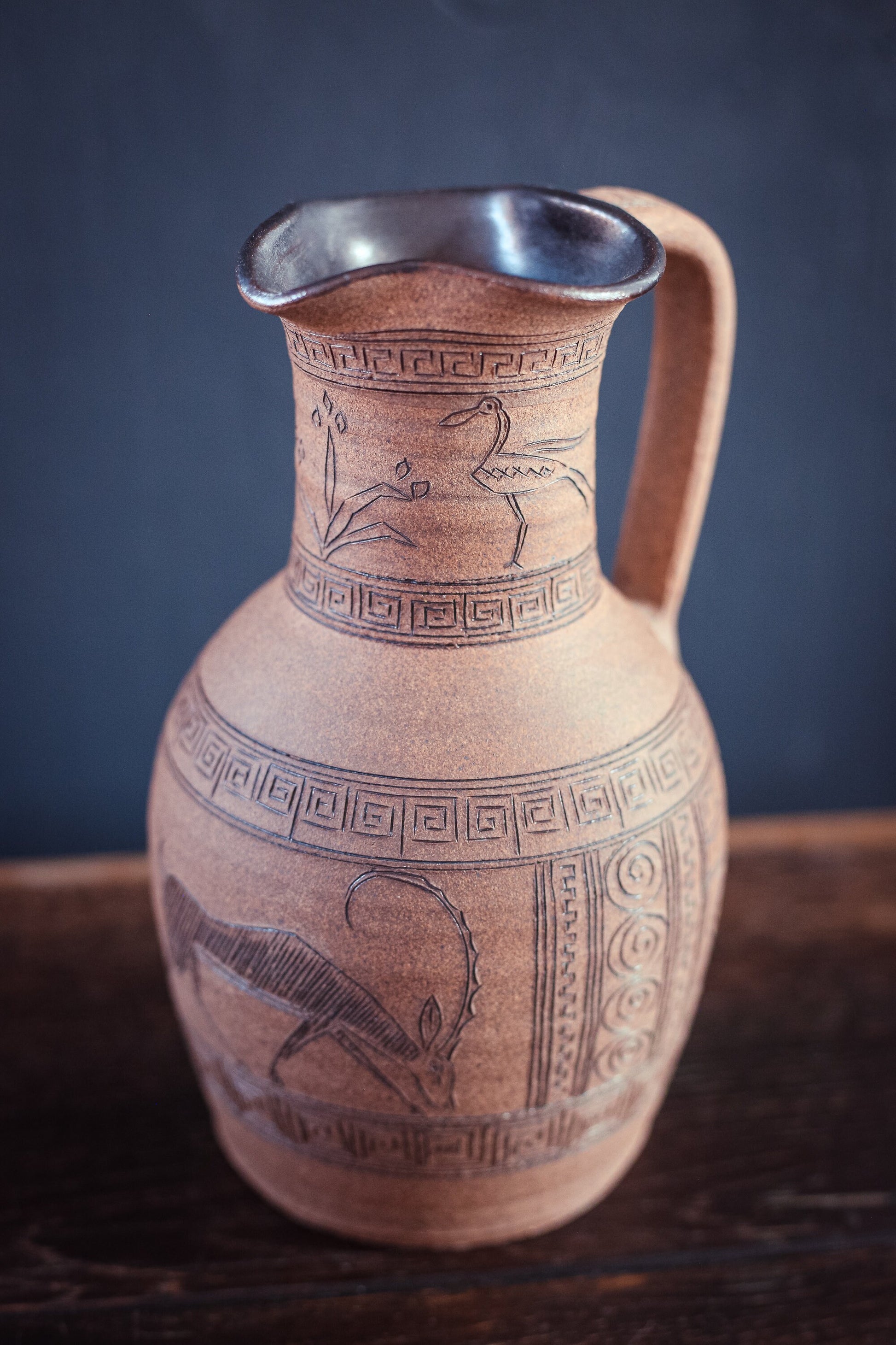 Hand Thrown & Carved Ceramic Pitcher with Antelope and Heron - Vintage Studio Pottery Pitcher