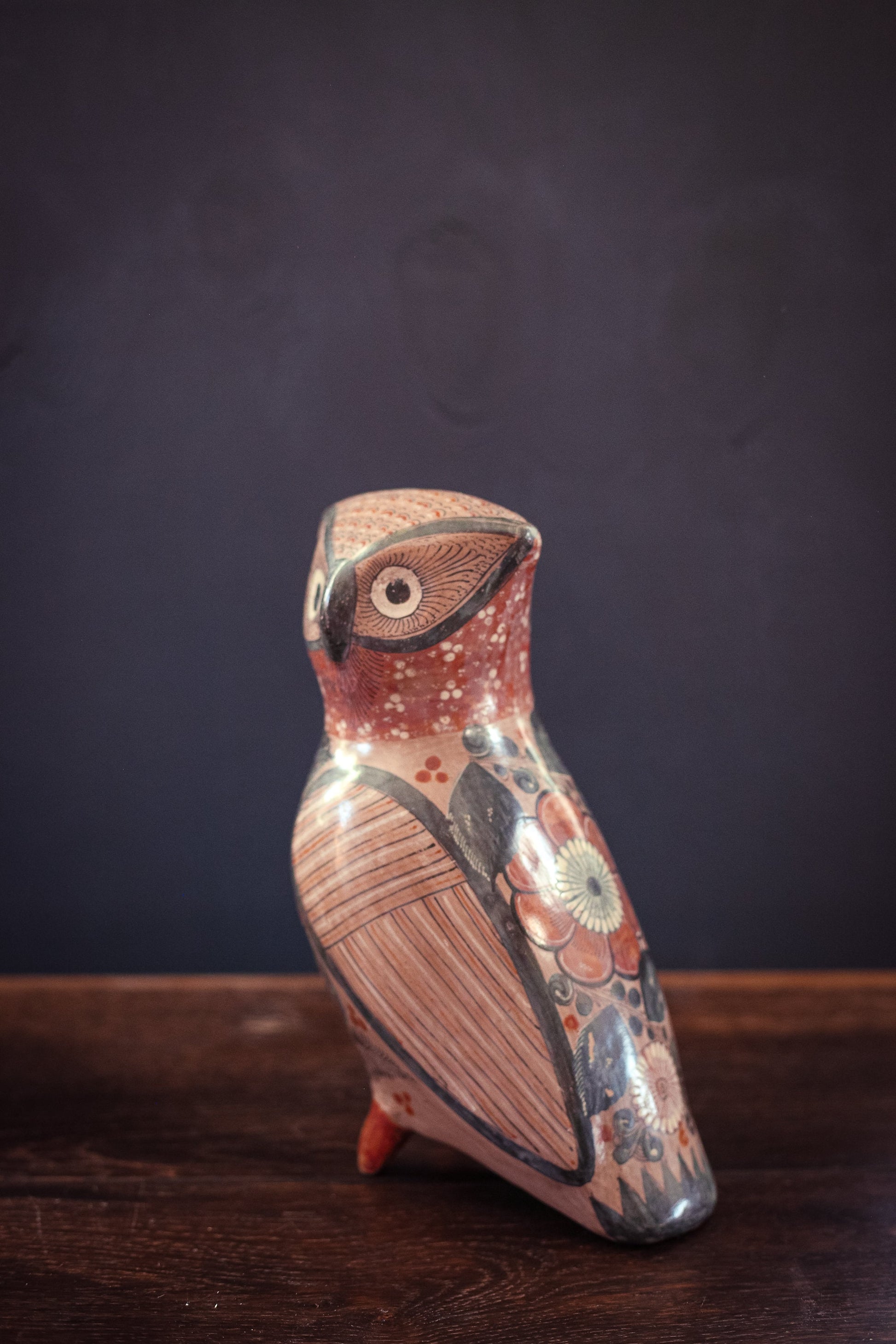 Hand Painted Tonala Ceramic Owl (Damaged Ear) - Large Vintage Mexican Pottery Painted Owl