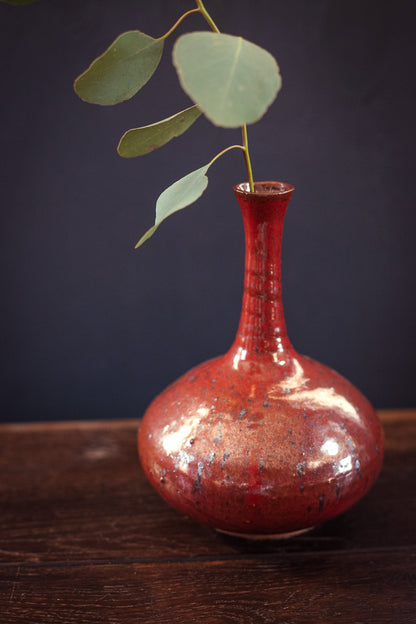 Narrow Neck Studio Pottery Vase in Rust Red with Silver Speckle Glaze - Vintage Hiller Signed Studio Hand Thrown Vase
