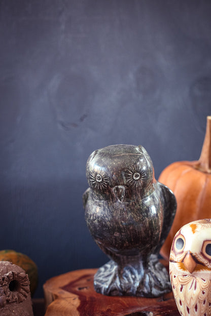 Eclectic Owl Shaped Objects in Glass, Stone, Wax - Vintage Decorative Owl Objects