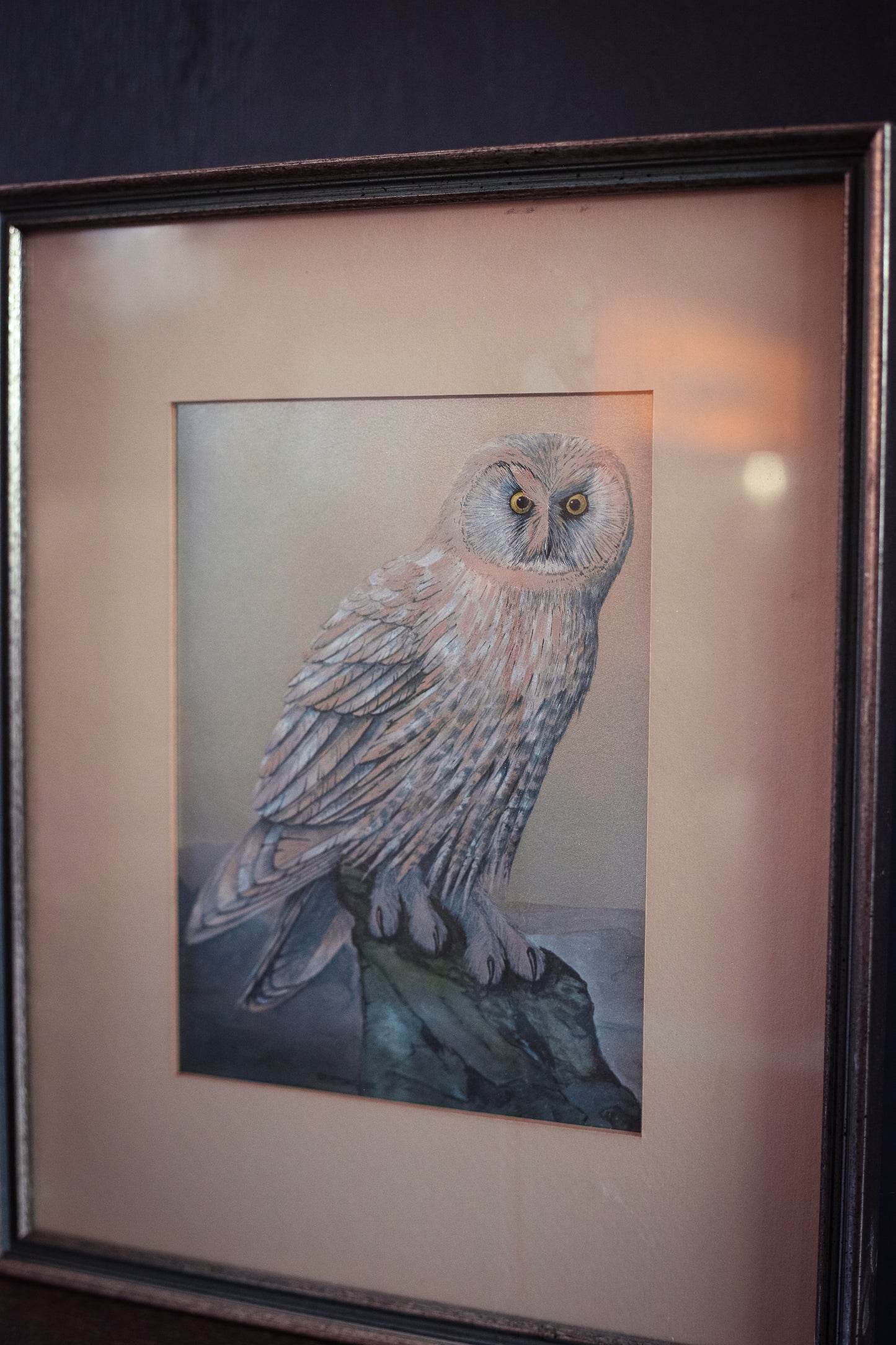 Silver Framed Metallic Owl Art - Vintage Framed Owl Print with Holographic Metallic Details