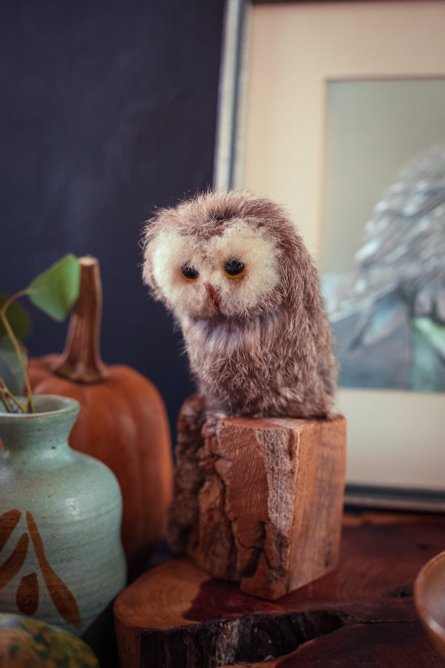 Rustic Owl perched on Log Art Object - Vintage Owl Figure in Fur and Wood