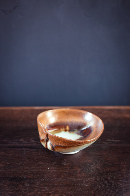Small Ceramic Ring Dish in Drip Glaze Ivory, Mustard Yellow, Ochre - Vintage Studio Pottery Trinket Catch All Tray
