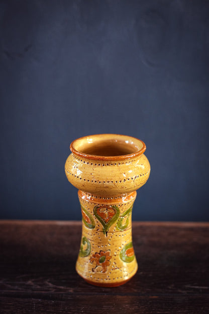 Bitossi for Rosenthal Netter Yellow Green Glazed Hand Thrown Ceramic Candle Holder - Vintage Midcentury Modern Italian Ceramic Candle Base